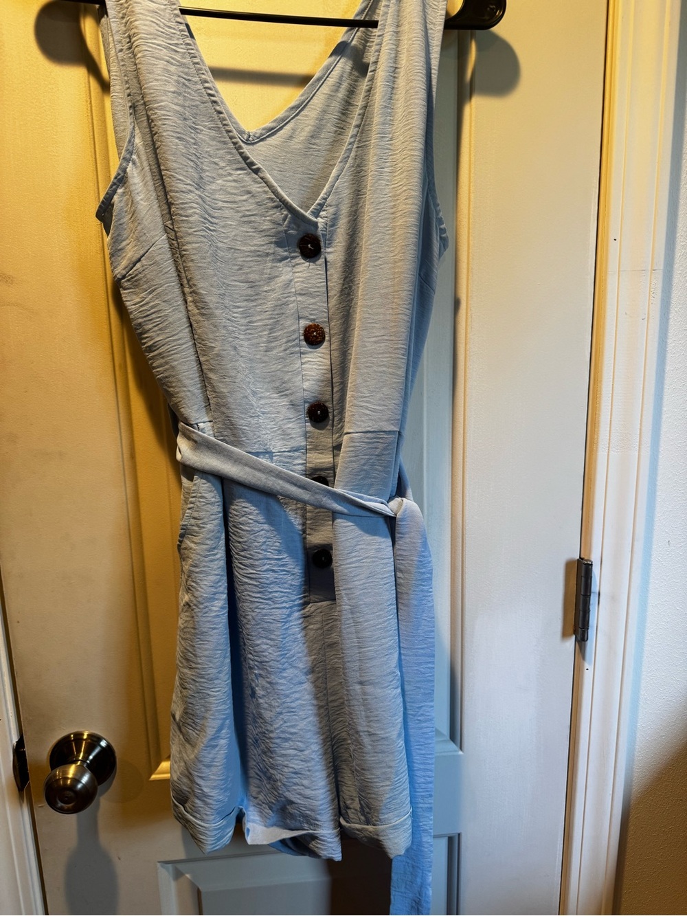 SHEIN Light Blue V-Neck Button Front Belted romper